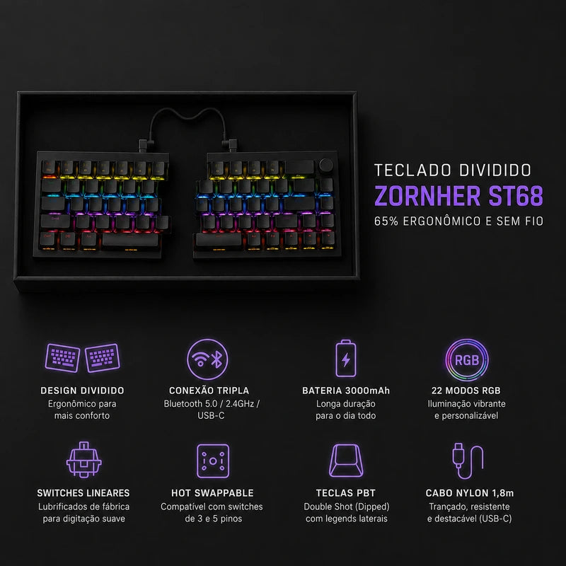 Teclado Mecânico Ergonômico Wireless ST68 RGB