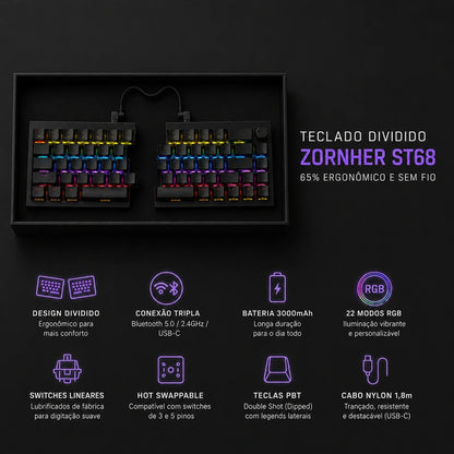 Teclado Mecânico Ergonômico Wireless ST68 RGB